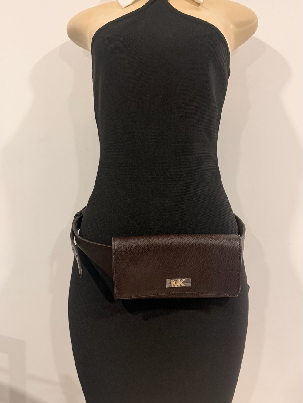 Michael Kors Brown Leather Crossbody Belt Bag with Gold MK Logo